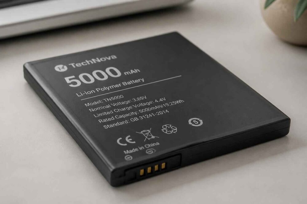 Czarny akumulator litowo-jonowy TechNova o pojemności 5000 mAh na biurku