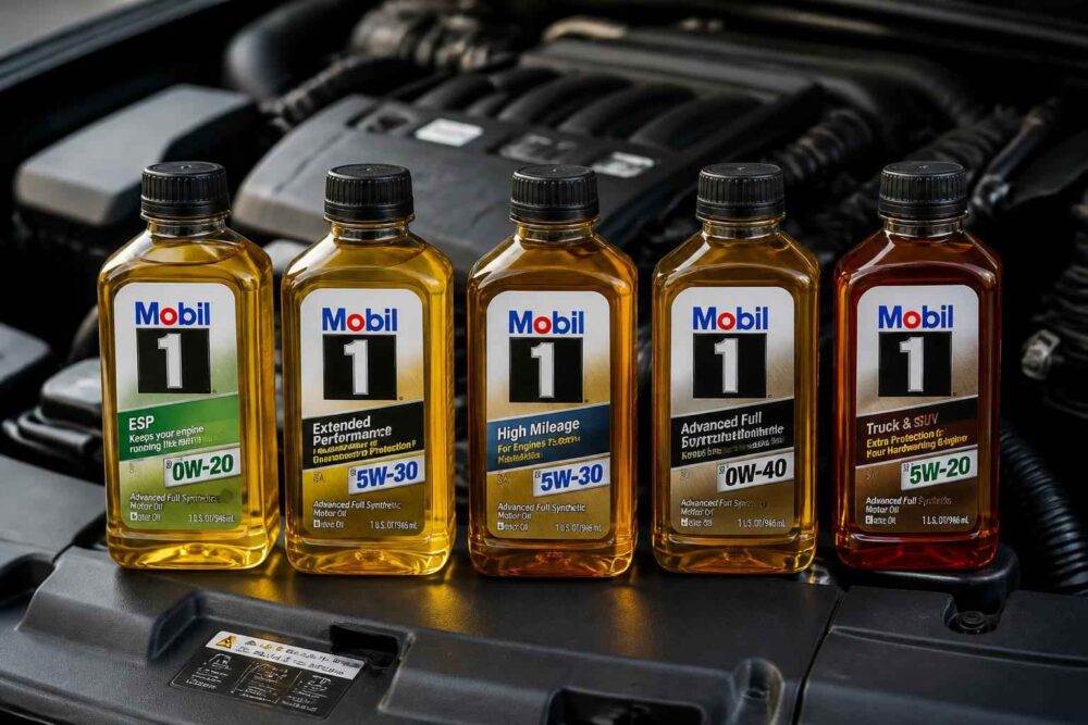 Pięć butelek oleju silnikowego Mobil 1 ustawionych na pokrywie silnika samochodu