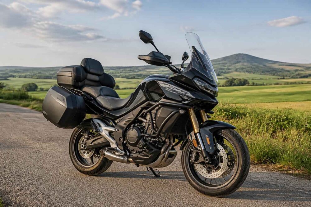 Czarny motocykl turystyczny z kuframi na drodze wśród pól i wzgórz