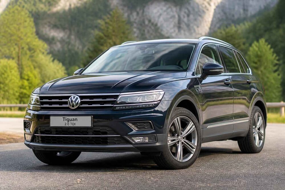Czarny Volkswagen Tiguan zaparkowany na drodze w górskim krajobrazie