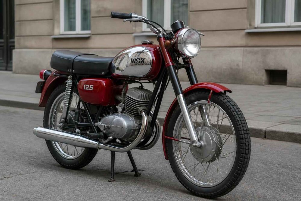 Czerwony motocykl WSK zaparkowany na ulicy przed kamienicą