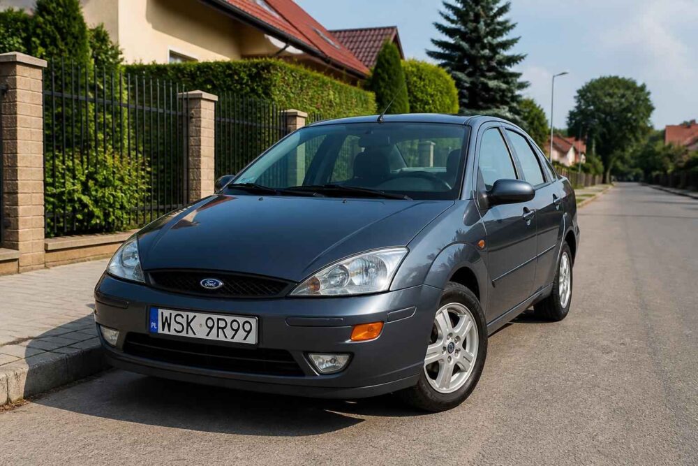 Szary Ford Focus zaparkowany przy krawężniku na spokojnej ulicy osiedlowej