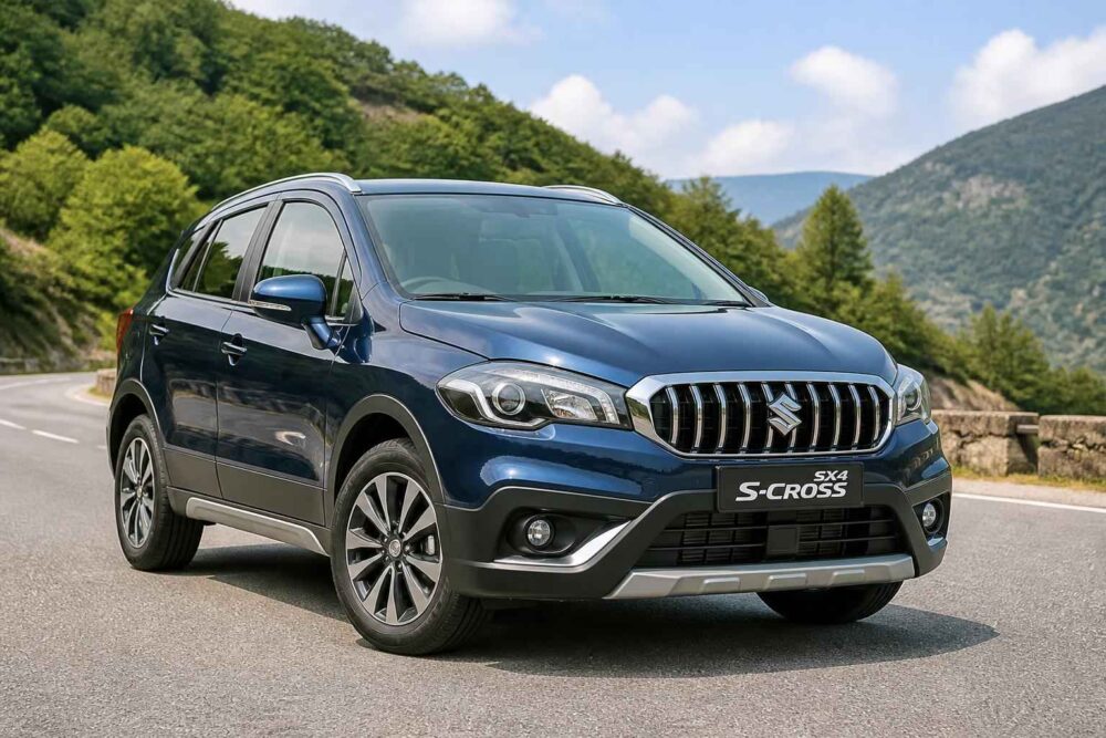 Granatowy Suzuki S-Cross na alpejskiej trasie Granatowy Suzuki S-Cross na asfaltowej drodze pośród zalesionych gór、】【