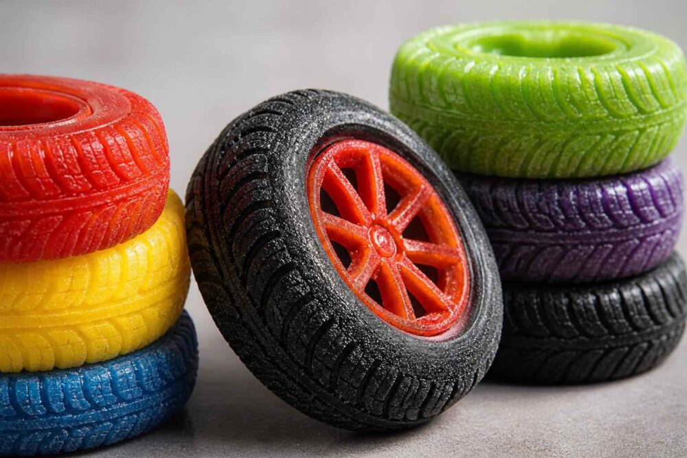Kolorowe miniaturowe opony ułożone w stosy, z czarną oponą z czerwoną felgą na pierwszym planie