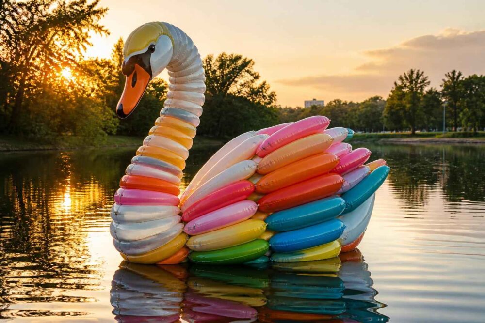 Kolorowa rzeźba łabędzia z balonów unosząca się na jeziorze o zachodzie słońca