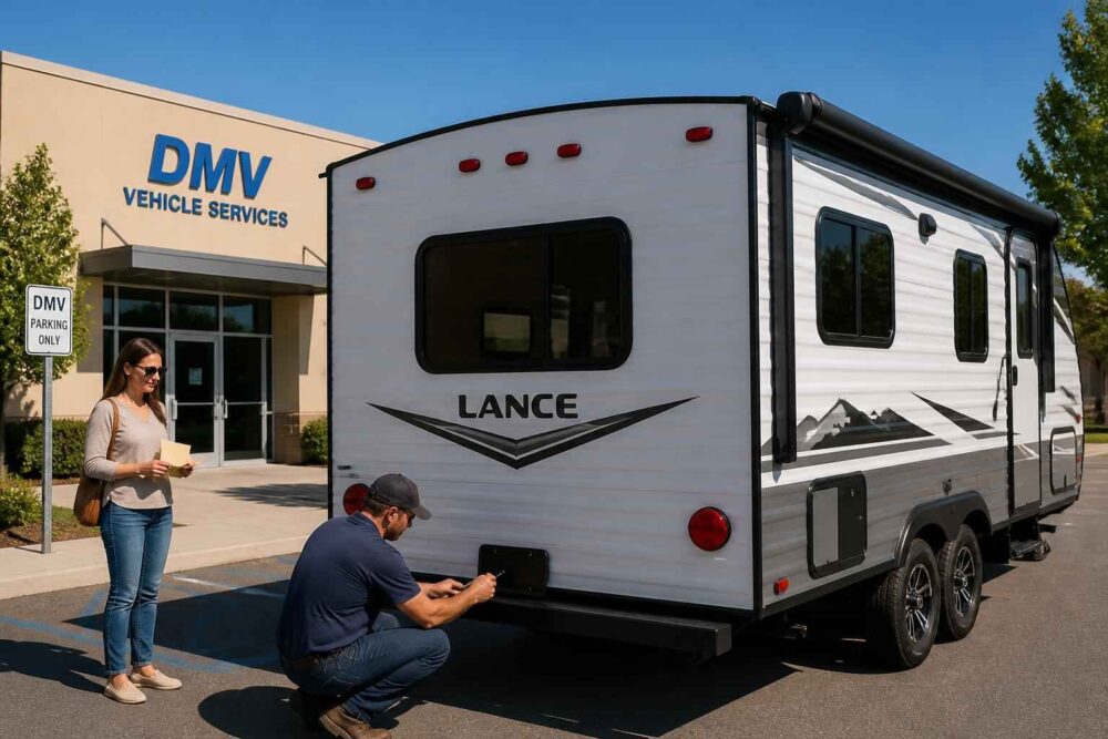 Mężczyzna sprawdza przyczepę kempingową Lance przed budynkiem DMV Vehicle Servicesarsuarmi