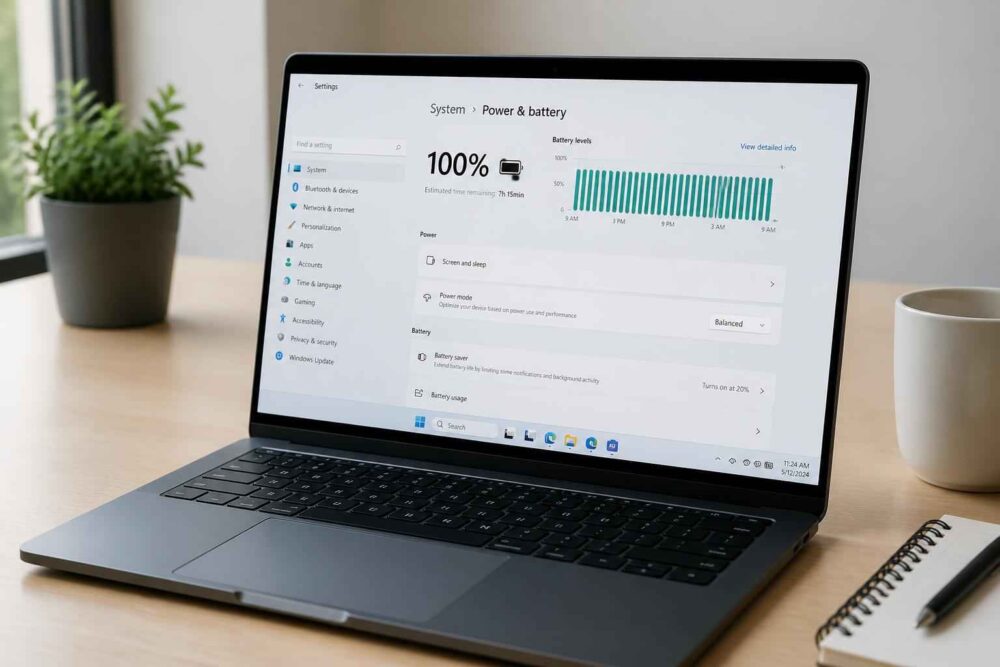 Laptop na biurku z ekranem pokazującym stan baterii i wykres jej zużycia