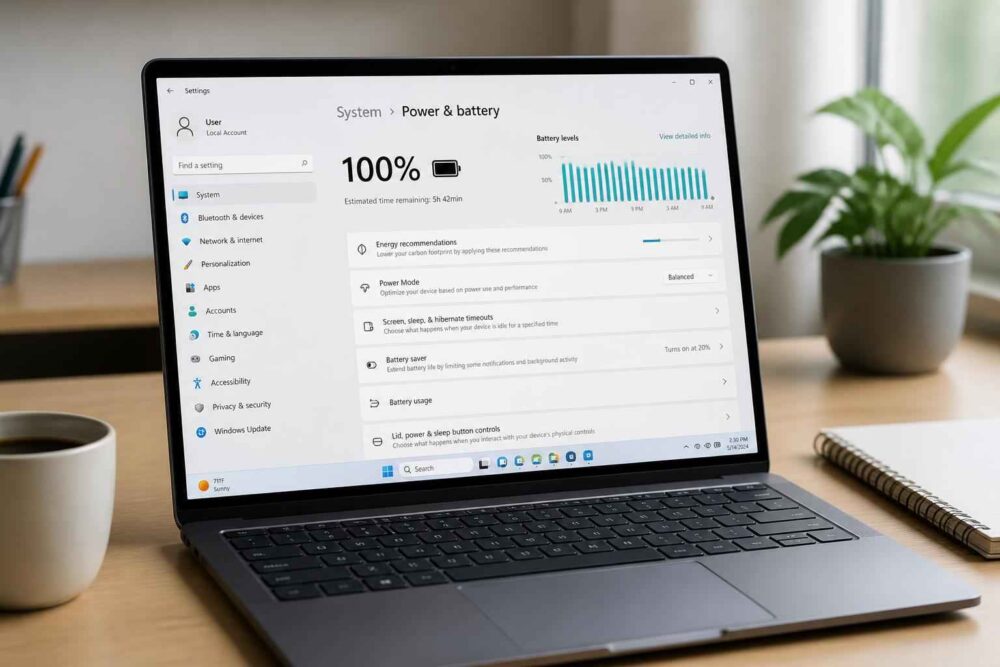 Laptop na biurku z ekranem pokazującym 100% naładowania baterii