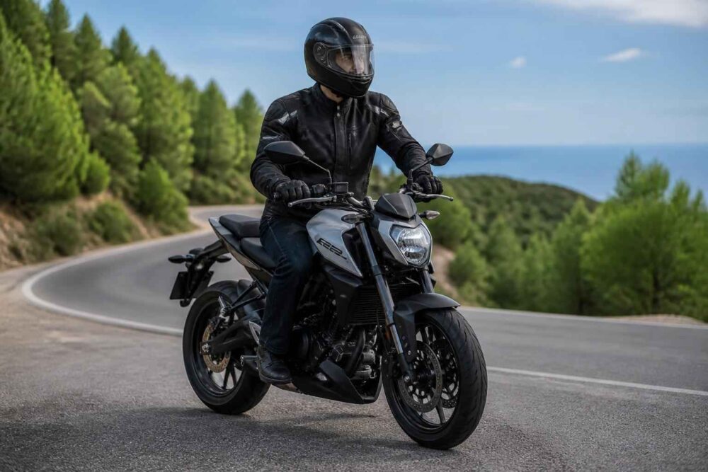 Motocyklista w czarnym kasku i stroju jedzie motocyklem po górskiej drodze nad morzem