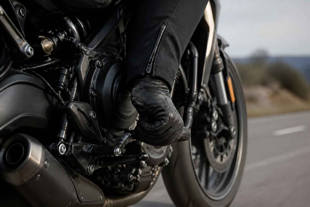 But w motocyklowej nodze przy silniku motocykla podczas jazdy drogą