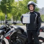 Motocyklista w kasku trzyma dokument obok czarnego motocykla w miejskim parku