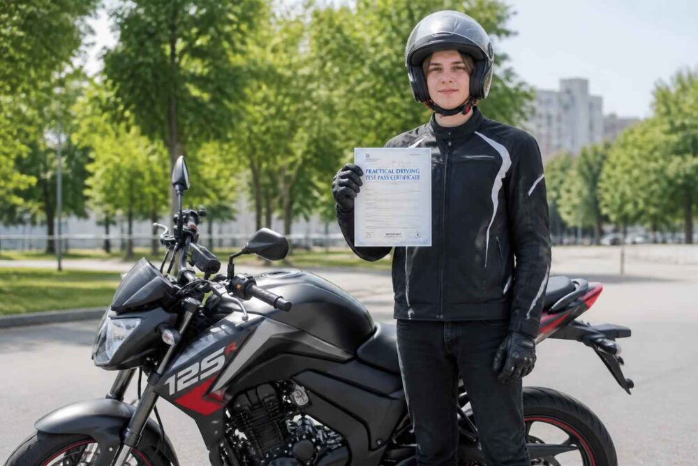 Motocyklista w kasku trzyma dokument obok czarnego motocykla w miejskim parku