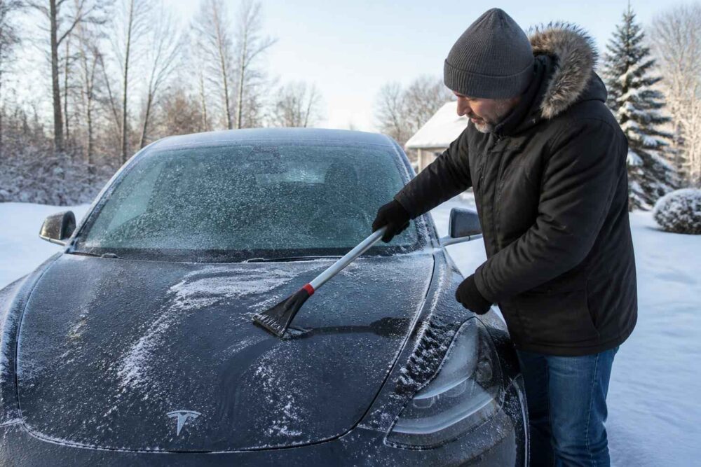 Mężczyzna odśnieża maskę samochodu elektrycznego na zaśnieżonym podjeździe