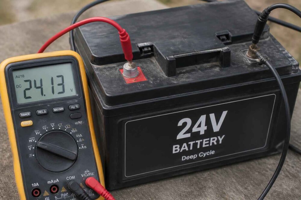 Pomiar napięcia baterii 24V multimetrem Multimetr pokazuje 24,13 V przy podłączonej baterii 24V typu Deep Cycle