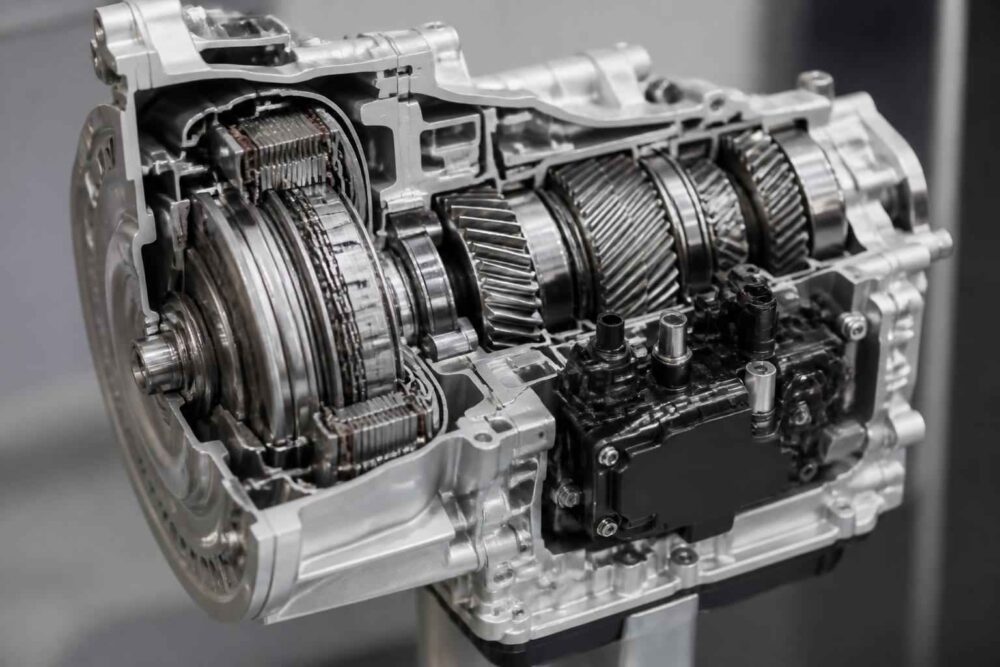 Przekrój automatycznej skrzyni biegów z widocznymi kołami zębatymi i elementami mechanicznymi