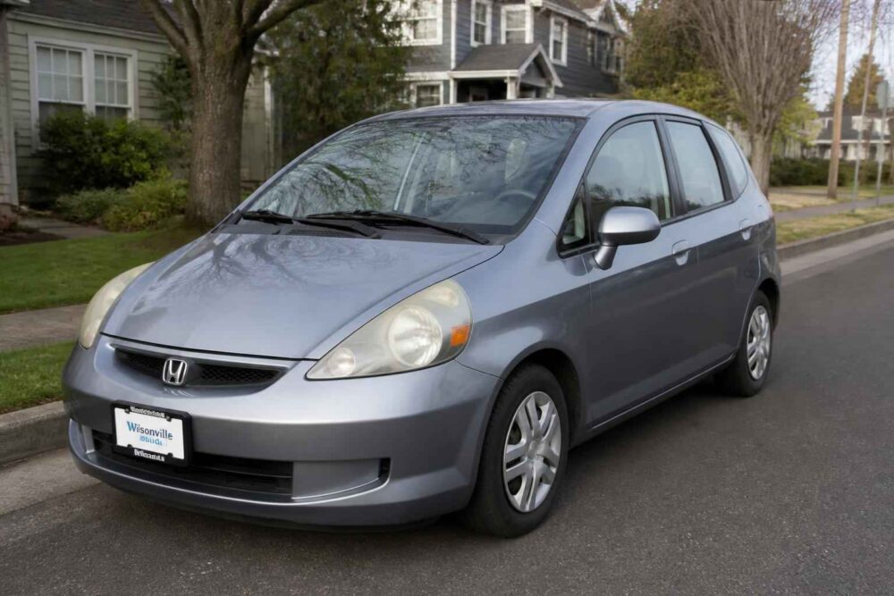 Srebrna Honda Jazz na spokojnej ulicy Srebrna Honda Jazz zaparkowana przed domami przy ulicy mieszkalnej