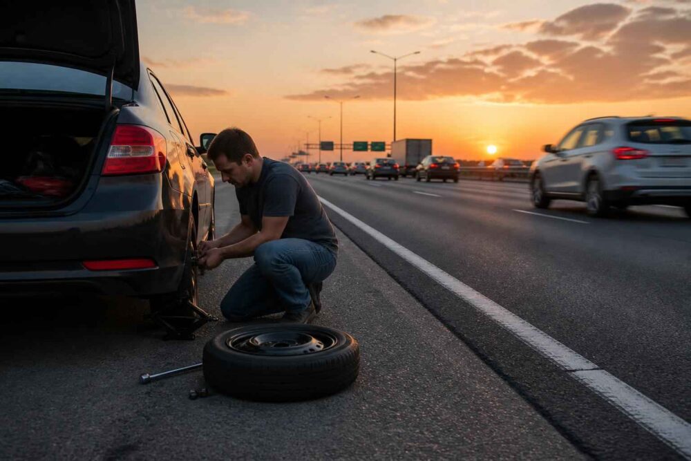Mężczyzna wymienia koło samochodu na poboczu autostrady podczas zachodu słońca