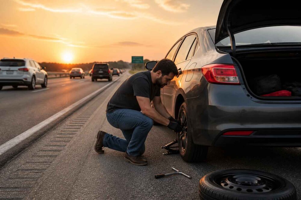 Mężczyzna wymienia przebitą oponę przy samochodzie na autostradzie o zachodzie słońca