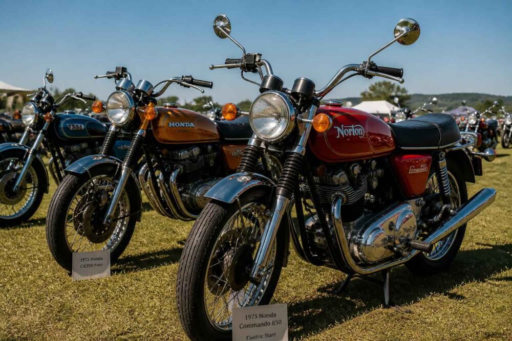 Zabytkowe motocykle Norton zaparkowane na trawiastym placu podczas wystawy plenerowej